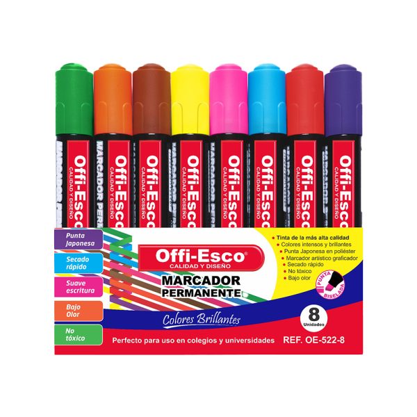 Marcadores Offi-Esco x8 und OE-522-8 para resaltar y escribir con colores vibrantes