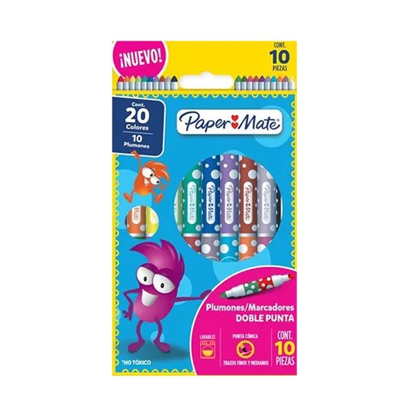 Plumones x10 Doble Punta Paper Mate, colores vibrantes con doble punta. Ideales para proyectos creativos y escolares.