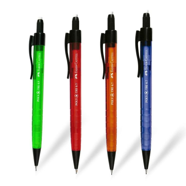 Portaminas Poly Tri Faber Castell, disponible en 0.7 mm y 0.5 mm. Diseño ergonómico triangular, ideal para escritura y dibujo